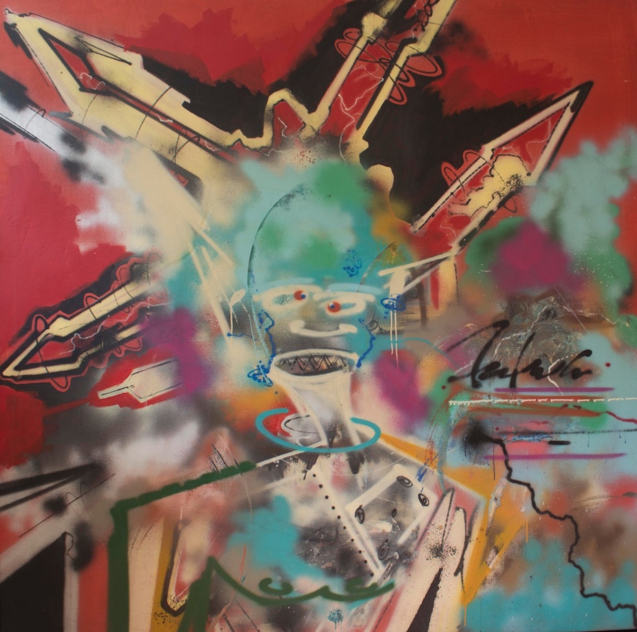 an aerosol on canvas painting by Futura, an ailen figure with pointy ears is in the foreground with sharp rocket forms eminating from the forms body. 
