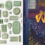 Two images side by side. On the left, a birds eye photograph of many ceramic objects, all the same shape as plastic containers and glazed in green. On the right, a print by Wuon-Gran Ho looking through a partially closed door at a female figure covering her eyes. She leans on a bed covered in eyes. 