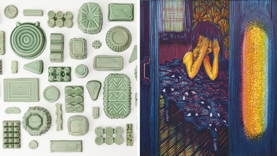 Two images side by side. On the left, a birds eye photograph of many ceramic objects, all the same shape as plastic containers and glazed in green. On the right, a print by Wuon-Gran Ho looking through a partially closed door at a female figure covering her eyes. She leans on a bed covered in eyes. 