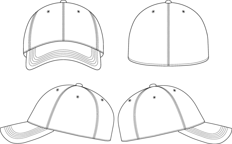 a vector drawing of a baseball cap from four angles - used to help someone design a hat. 