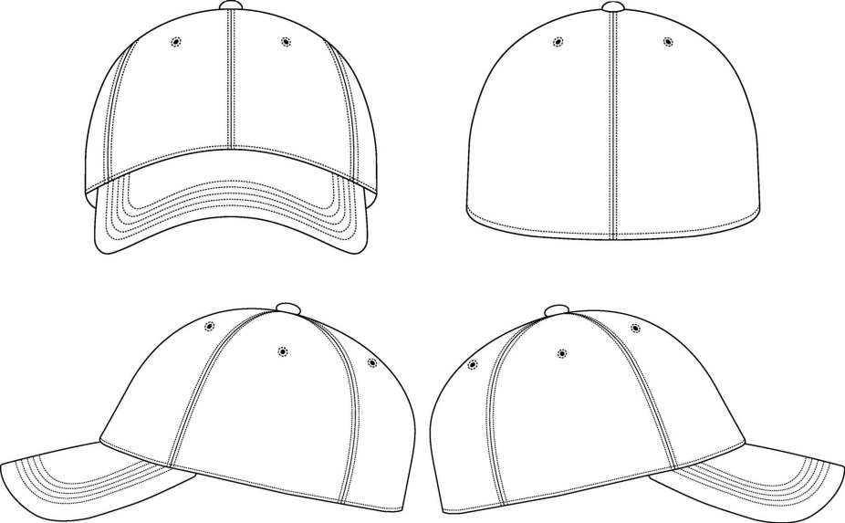 a vector drawing of a baseball cap from four angles - used to help someone design a hat. 