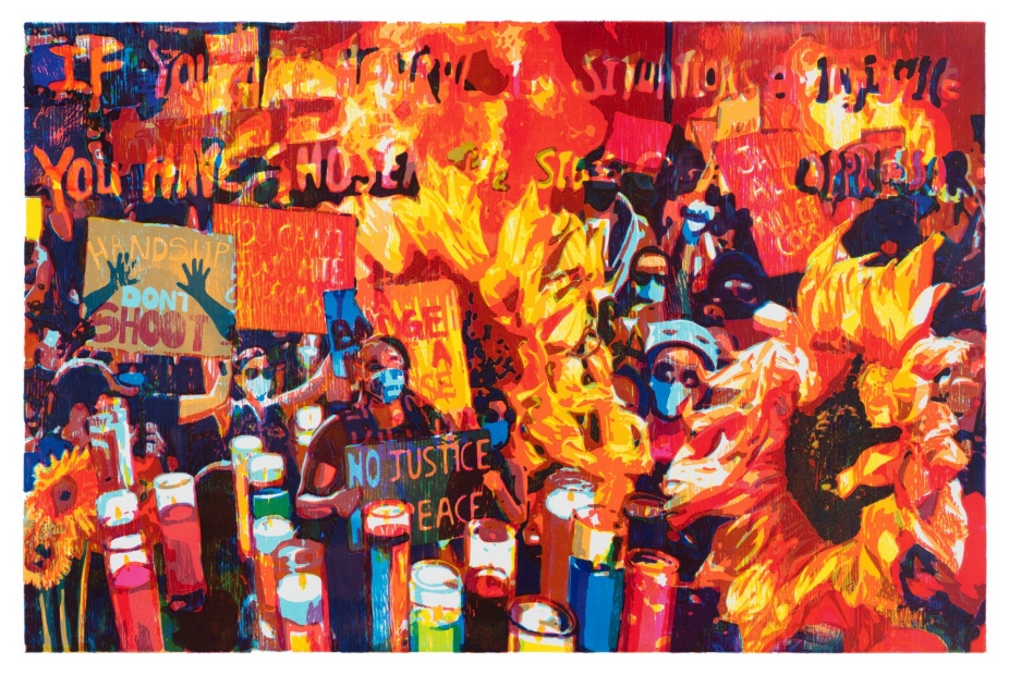 A woodblock print by Zorawar Sidhu and Rob Swainston, depicting a layering of images including a candlelight vigil, protesters holding signs reading "No Justice No Peace" and "Hands Up Don't Shoot", and sunflowers. 
