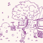A playful purple line illustration of an outdoor community gathering in a park-like setting. In the foreground, a child reaches upward toward floating bubbles while holding a bubble wand. Nearby, another figure stands beside a small trailer or mobile booth. Large leafy trees fill the upper portion of the composition, with musical notes and flowers scattered throughout the scene. The drawing uses minimal continuous lines on a soft off-white background, creating a light, festive atmosphere suggestive of music, movement, and public gathering. 