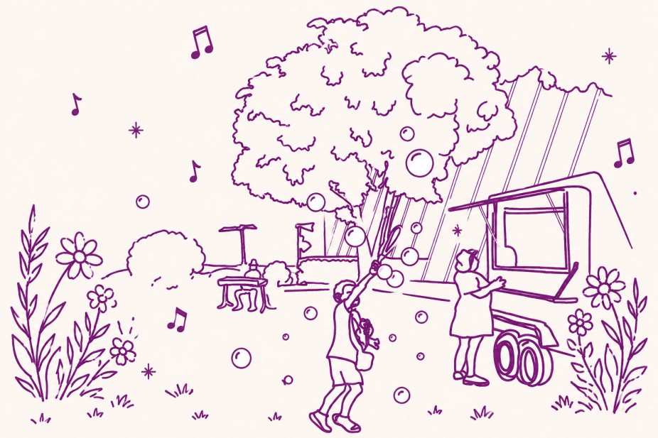 A playful purple line illustration of an outdoor community gathering in a park-like setting. In the foreground, a child reaches upward toward floating bubbles while holding a bubble wand. Nearby, another figure stands beside a small trailer or mobile booth. Large leafy trees fill the upper portion of the composition, with musical notes and flowers scattered throughout the scene. The drawing uses minimal continuous lines on a soft off-white background, creating a light, festive atmosphere suggestive of music, movement, and public gathering.