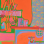 Brightly colored, stylized painting of a kitchen sink scene rendered in flat, high-contrast colors. Neon orange dominates the background, with green outlines framing hanging utensils&mdash;spatulas, forks, and knives&mdash;suspended from a rack. Below them sit two cylindrical cans on a red countertop. At right, a turquoise and orange patterned curtain fills the edge of the composition. The sink basin is outlined in lavender and teal, with a green faucet and red handle, all simplified into bold, graphic shapes. The overall effect is playful and pop-inflected, with exaggerated color and flattened perspective. 