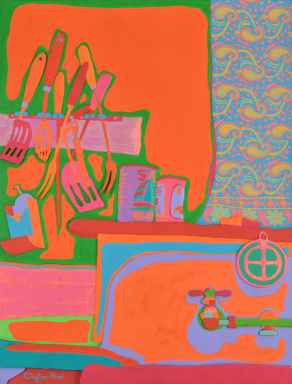 Brightly colored, stylized painting of a kitchen sink scene rendered in flat, high-contrast colors. Neon orange dominates the background, with green outlines framing hanging utensils—spatulas, forks, and knives—suspended from a rack. Below them sit two cylindrical cans on a red countertop. At right, a turquoise and orange patterned curtain fills the edge of the composition. The sink basin is outlined in lavender and teal, with a green faucet and red handle, all simplified into bold, graphic shapes. The overall effect is playful and pop-inflected, with exaggerated color and flattened perspective. 