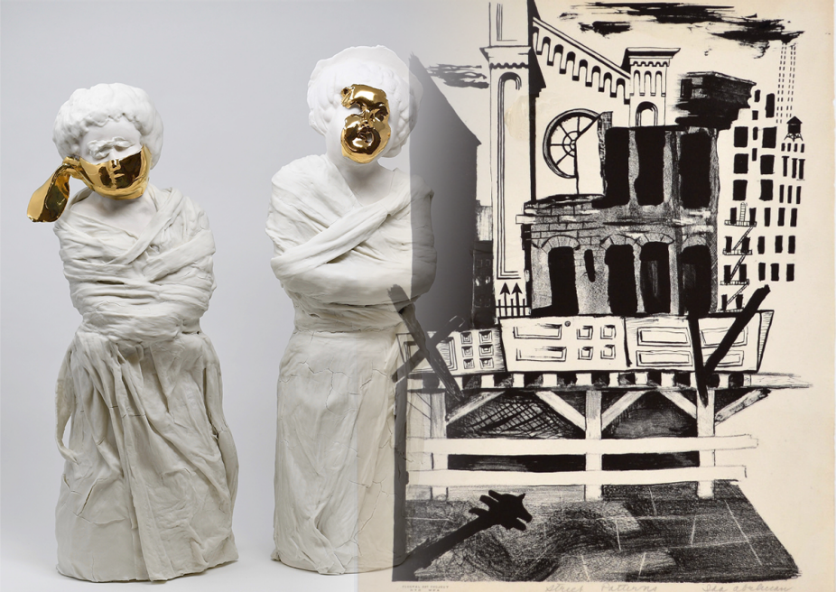A composite image combining elements from two exhibitions. On the left, two white ceramic sculptures of women with draped forms and expressive gold facial masks, representing Eighty-Six Reasons. On the right, a black-and-white lithograph-style cityscape with bold architectural forms and scaffolding, representing Water, Grain, Steel. The two halves blend at the center, contrasting materiality and tone between the sculptural and graphic works.