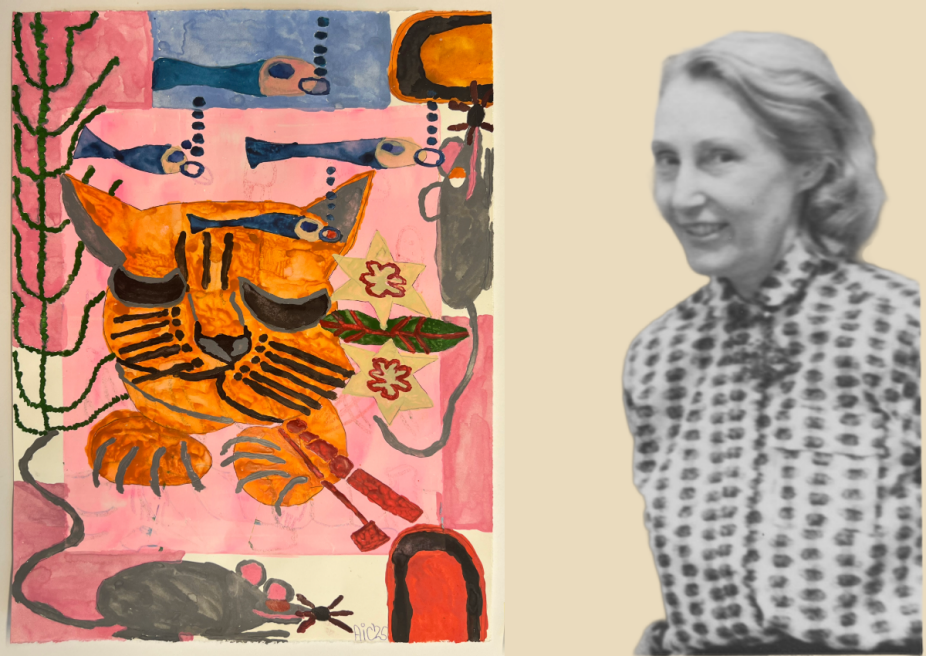 A vibrant painting of an orange tabby cat with closed eyes is shown on the left side of the image. The cat is surrounded by floating blue fish, green vines, a red flower, and a gray mouse, all set against a pink background. To the right, a black-and-white cutout of Martha Jackson, smiling and wearing a patterned blouse, is digitally placed against a beige background, appearing as if she is posing next to the painting. 