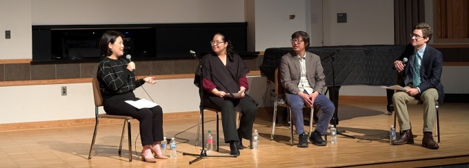 left to right (sitting): Bokyung Byun, guitarist and faculty, Univeristy of North Texas; Cecilia Kang, clarinetist and associate professor, Indiana University’s Jacobs School of Music; Sungmin Shin, guitarist and associate professor of practice at UB; Derek R. Strykowski, associate teaching professor at UB, seated on stage of Baird Recital Hall for a panel discussion. 