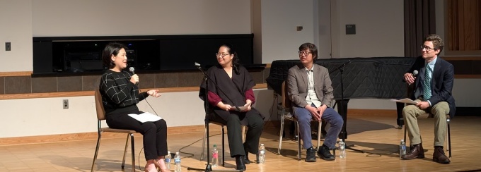 left to right (sitting): Bokyung Byun, guitarist and faculty, Univeristy of North Texas; Cecilia Kang clarinetist and associate professor, Indiana University’s Jacobs School of Music; Sungmin Shin, guitarist and associate professor of practice at UB; Derek R. Strykowski, associate teaching professor at UB, seated on stage of Kleinhans Music Hall for a panel discussion. 