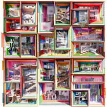 A colorful grid of cube-like dioramas shows various modern interior spaces&mdash;classrooms, lounges, offices, and open study areas&mdash;framed by bright borders with multilingual text. 