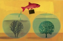 Illustration of a fish jumping from on fish bowl to another. 