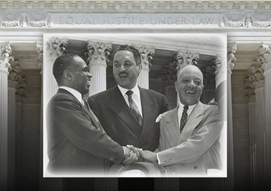 Pictured, from left, George Edward Chalmer Hayes, Thurgood Marshall, and James Nabrit Jr. in 1954, after winning Brown v. BOE case. Photo courtesy of Wikimedia Commons. 