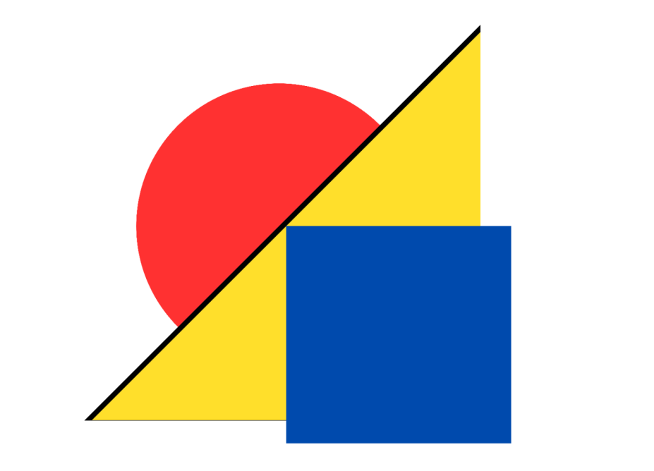 Three basic geometric shapes in primary colors red, yellow blue: Circle, triangle, square. 