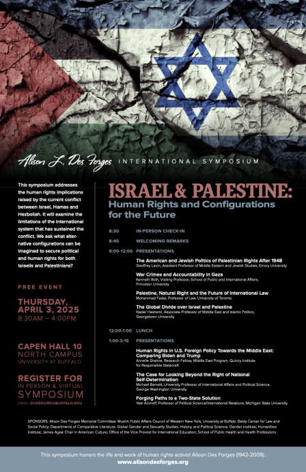 Poster: Symposium April 3, 2025: The Alison L. Des Forges Memorial Committee presents its annual symposium, Israel and Palestine: Human Rights and Configurations for the Future. 