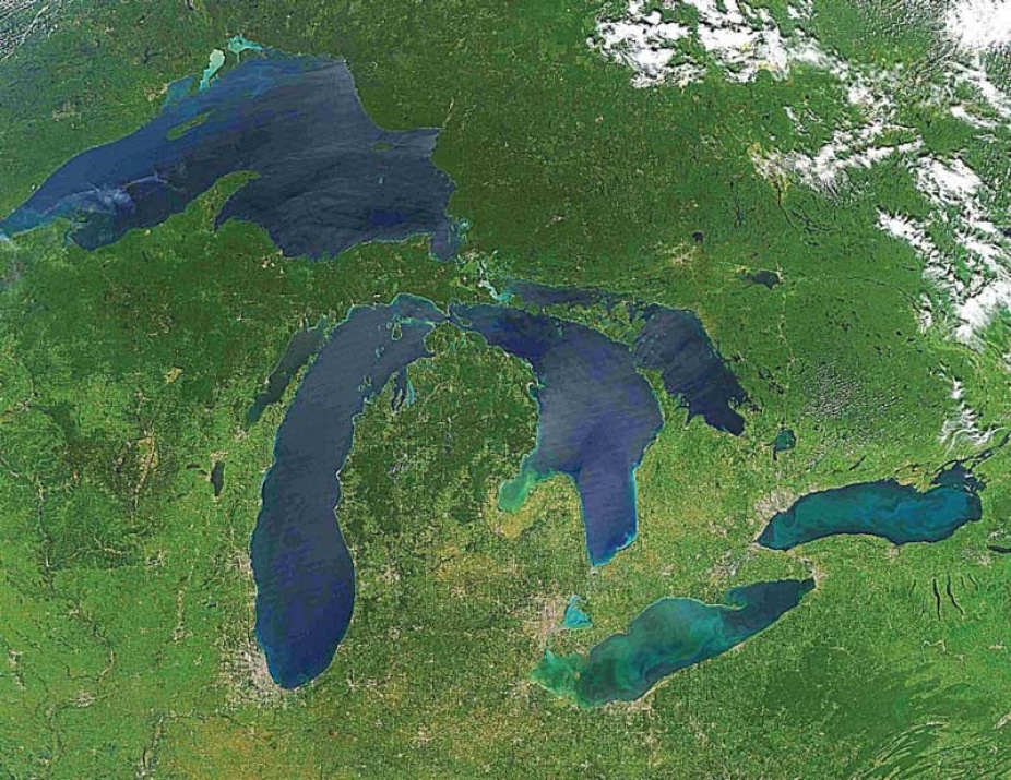 Zoom image: Image of North America's Great Lakes Region as seen by satellite; courtesy of NASA. 