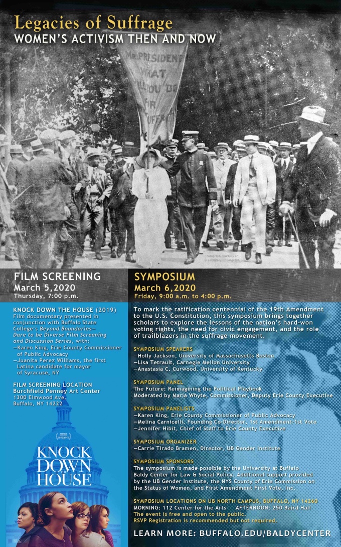 Zoom image: Friday, March 6, 2020: Join us for the symposium, Legacies of Suffrage: Women's Activism Then and Now. The event marks the ratification centennial of the 19th Amendment to the U.S. Constitution. Organized by Carrie Bramen, the symposium brings together scholars to explore the lessons of hard-won voting rights, the need for civic engagement, and, the role of trailblazers in the suffrage movement. The event is free and open to the public with advance registration. 