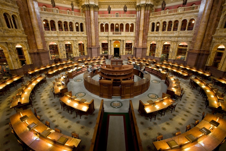 Main Reading Room. View from above showing researcher desks. Library of Congress Thomas Jefferson Building, Washington, D.C. Photo courtesy of LOC. 