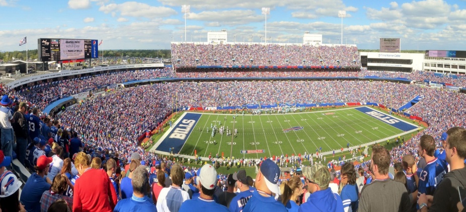 Highmark Stadium (then known as Ralph Wilson Stadium) panorama, September 2014. Final score: Buffalo 29, Miami 10. Upper left edge is the skyline of the city of Buffalo. Photo courtesy of Wikimedia. 