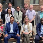 Zoom image: Conferences participants gather for a group portrait, June 7, 2025. Pictured from left, seated: Athena Mutua, Jorge Luis Fabra-Zamora, Tara Melish, Bonny Ibhawoh; and, standing: Myah Meyerhoefer, Julia Hall, Lisa Laplante, Min Cho, Federico Gaitan, Gvantsa Dolbaia, Joshua Coene, David Mendeloff, Eric Wiebelhaus-Brahm, Andres Molina-Ochoa, Alice Panepinto, Max Pensky. 