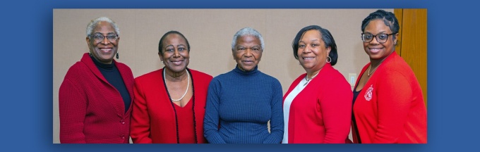 Zoom image: Pictured, left to right: Athena D. Mutua, PhD, Professor and Floyd H. &amp; Hilda L. Hurst Faculty Scholar, UB School of Law;  Lillian S. Williams, PhD, Associate Professor, UB Depaertment of Africana and American Studies; Mary Frances Berry, PhD, Distinguished Speaker; Vanita L. Jamison, President, Alumnae Chapter of Delta Sigma Theta Sorority; and, Petra Holness, 3L, UB School of Law. Photo by Douglas Lavere, April 5, 2023, at The Baldy Center for Law and Social Policy. 