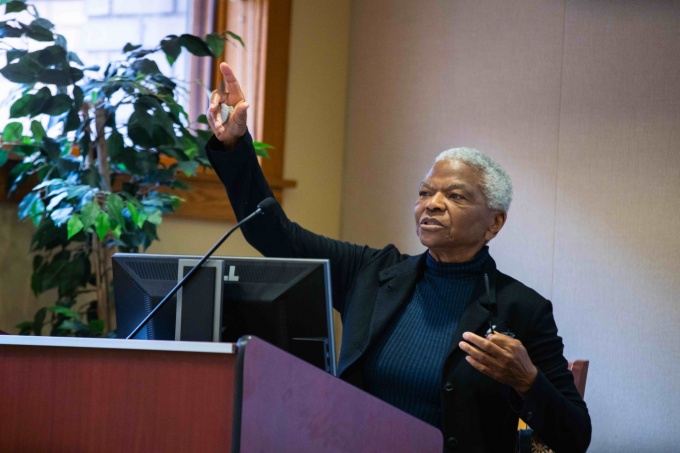 The Department of Africana and American Studies hosts a Distinguished Lecture with Dr. Mary Frances Berry in April 2023 in O’Brian Hall. The event was co-sponsored by the Baldy Center for Law and Social Policy, the School of Law, with support from the Department of History, the Gender Institute and the Department of Global Gender and Sexuality Studies. Photographer: Douglas Levere. 
