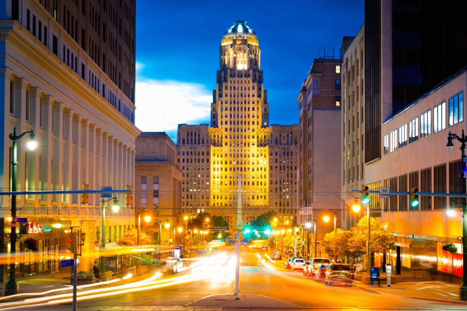 Image: City Hall in Buffalo, NY; long exposure photograph courtesy of the University at Buffalo; Photographer: Douglas Levere. 