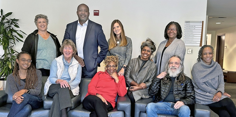 Photo courtesy of Duke Center on Law, Race & Policy. Ten of the fifteen CLC Coordinating Committee members (pictured left to right) seated: Angela P. Harris (emerita, UC Davis), Mary Louise Frampton (emerita, UC Davis), Athena D. Mutua (Univ. at Buffalo), Vasuki Nesiah (NYU Gallatin School), Francisco Valdes (Univ. of Miami), Teri McMurtry-Chubb (Univ. of Illinois Chicago); standing: Jennifer Hill (Advocacy Partners Team Org.), Mario Barnes (UC Irvine), Lucy Jewel (Univ. of Tenn), Trina Jones (Duke University). 