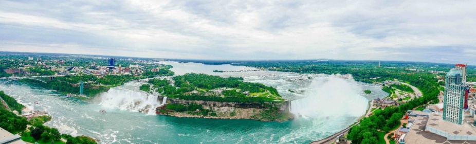 A bird's eye view of Niagara Falls between the U.S. and Canada, facing northwest. The International Boundary, stretching 5,525 miles (8892 kilometers), is the longest international border in the world between two countries. Photo courtesy of The Baldy Center for Law & Social Policy, via Shutterstock, 2020. 