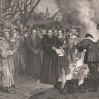 Zoom image: Lithograph, 1830, depicts the event of 1520, as a small crowd gathered to watch Martin Luther burn the papal bull Exsurge Domine from Leo X in front of a church in Wittenberg. Image courtesy of the U.S. Library of Congress. 