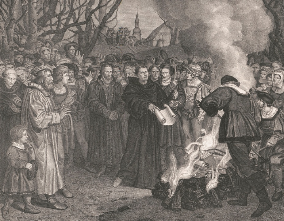 Zoom image: Lithograph, 1830, depicts the event of 1520, as a small crowd gathered to watch Martin Luther burn the papal bull Exsurge Domine from Leo X in front of a church in Wittenberg. Image courtesy of the U.S. Library of Congress. 