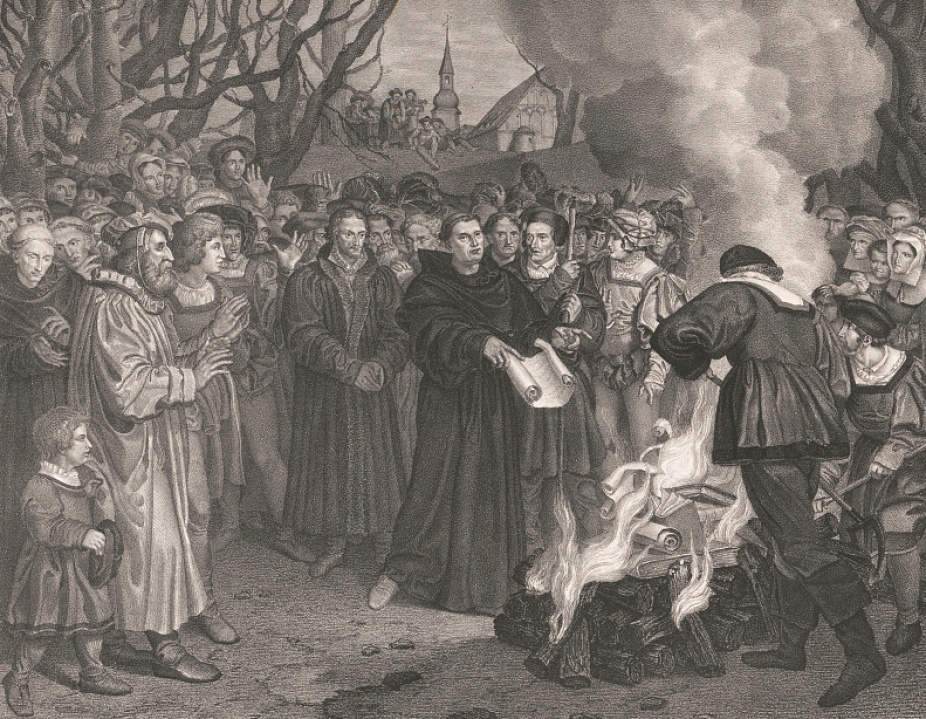 Lithograph, 1830, depicts a small crowd gathered to watch Martin Luther burn the papal bull Exsurge Domine from Leo X (condemning Luther's ideas and threatening him with excommunication) and the canon law in front of a church in Wittenberg. 
