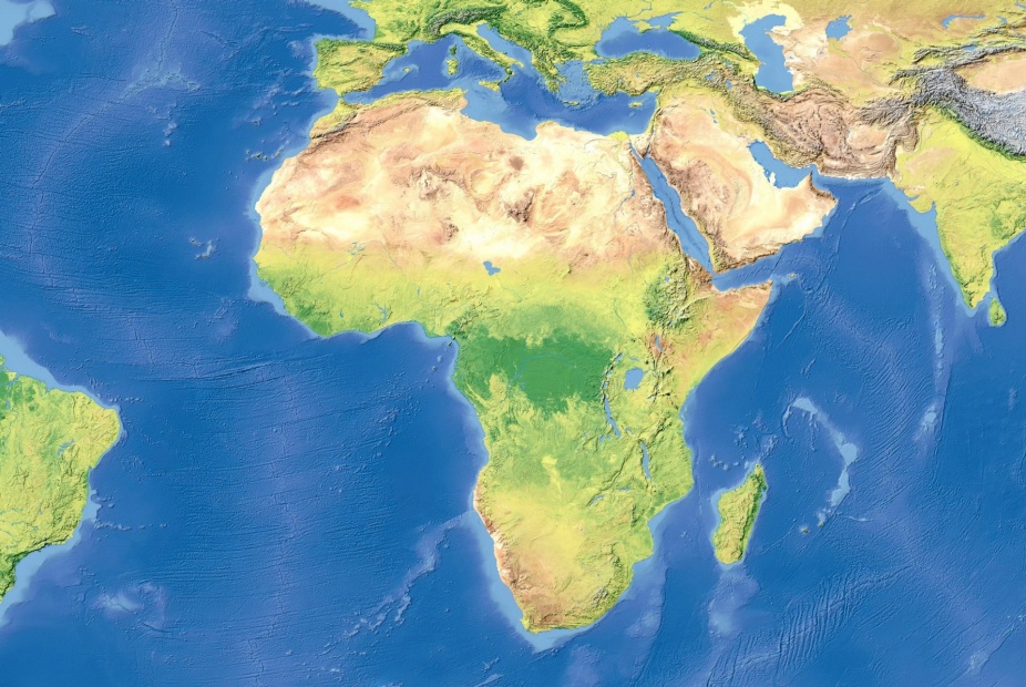Zoom image: Terrain map: Satellite view shows continent of Africa with surrounding area. Image courtesy of Getty. 