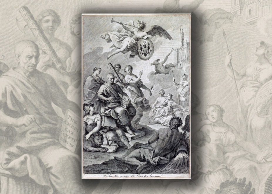 Washington giving the laws to America; Allegorical print collection-1790-1800; via Library of Congress. 
