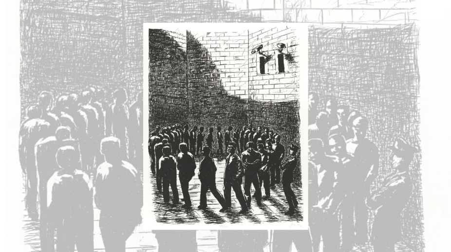 Zoom image: Prison yard, surveillance camera, screen print by Jos Sances, 1992. Artwork based on the Newgate Prison Exercise Yard by Gustave Doré, and a series of graphics from the late 1800s, updated by the artist to reflect current issues. Sances has authorized use of his artworks under a Creative Commons CC BY-NC-ND license. Image courtesy of the U.S Library of Congress. 