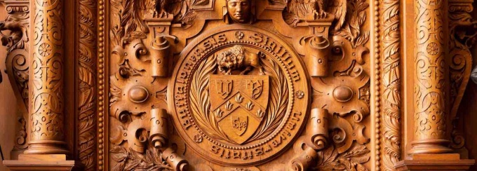 The UB seal and fireplace in the Health Sciences Library in Abbott Hall on South Campus in December 2020. Photographer: Douglas Levere. 