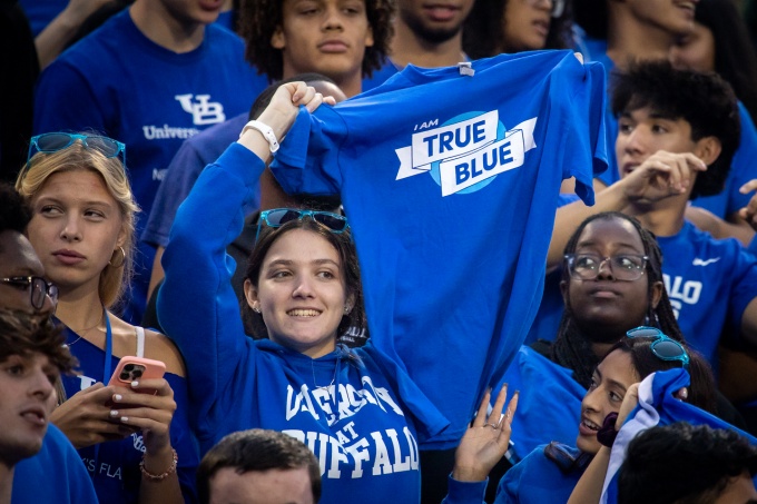 Students in UB merchandise.