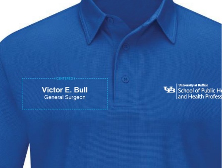 A diagram that shows the proper size and placement of personalization on a polo shirt in conjunction with a lockup. 