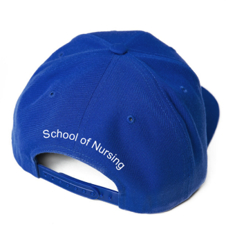A diagram that shows the proper size and placement of a brand extension name in text on a hat. 