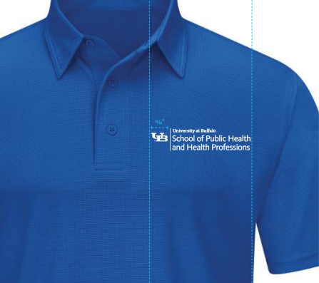 A diagram that shows the proper size and placement of a lockup on a polo shirt. 