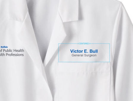A diagram that shows the proper size and placement of personalization on a lab coat in conjunction with a lockup. 