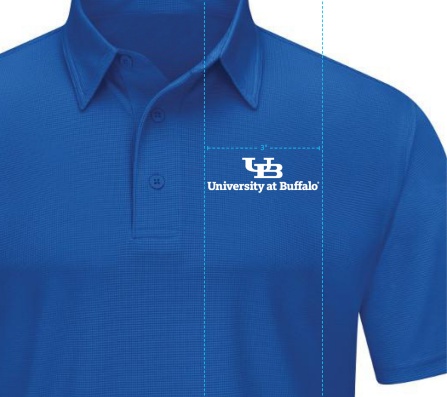 A diagram that shows the proper size and placement of the master brand mark on a polo shirt. 