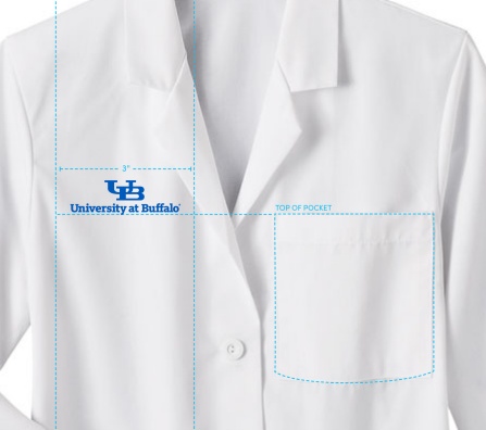 A diagram that shows the proper size and placement of the master brand mark on a lab coat. 