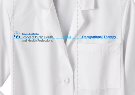 A diagram that shows the proper size and placement of a lockup on a lab coat with the sub-brand name written in type. 