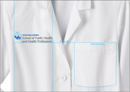 A diagram that shows the proper size and placement of a lockup on a lab coat. 