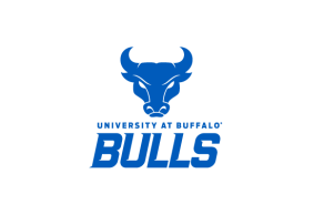 Zoom image: University at Buffalo wordmark in line with Bulls wordmark and centered spirit mark on top