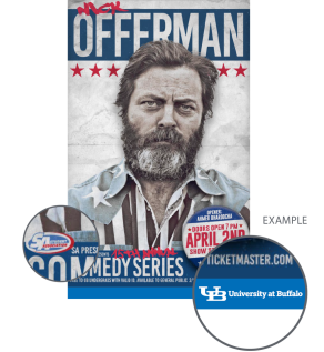 Zoom image: Nick Offerman poster showing clear space between UB logo and Student Association logo 