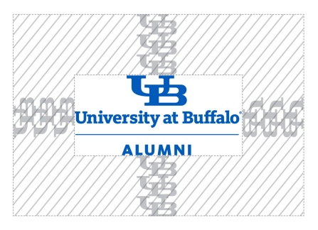 Zoom image: An example of the proper amount of clear space around the Master Brand Alumni mark which is 3 stacked inter-locking UBs around the perimeter of the mark