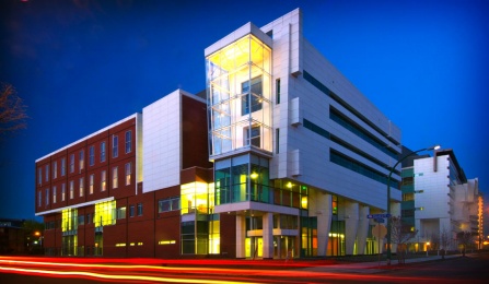 An image of the New York State Center of Excellence in Bioinformatics Life Sciences on the U B downtown campus. 