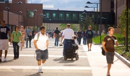 Student with disability navigates north campus University at Buffalo. 
